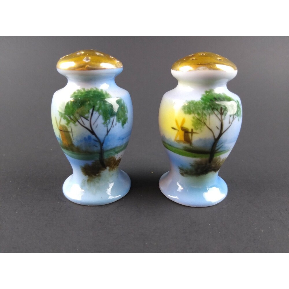 Salt and Pepper Shakers Painted Windmills Vintage Japan Porcelain